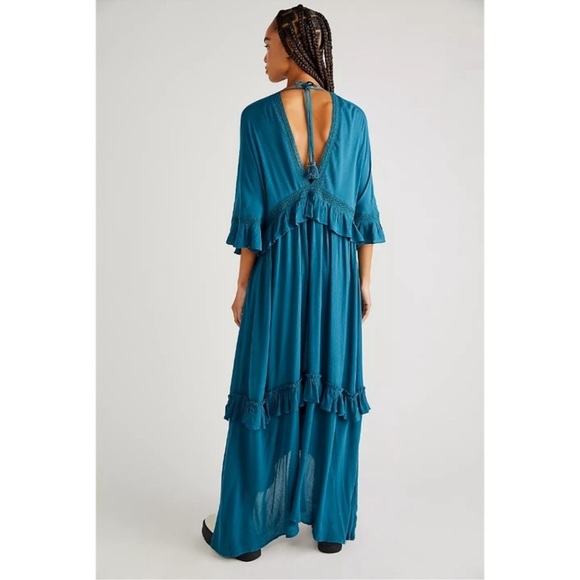 Free People Paradiso Boho Ruffle Lace V-Neck Maxi Dress in Lagoon Sz XS SOLD OUT - Picture 4 of 14